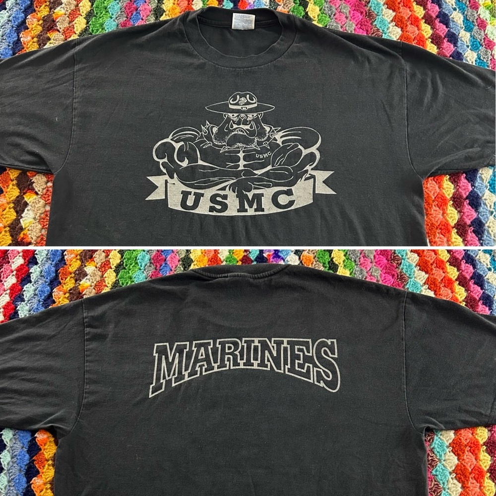 Vintage Y2K USMC Marines Double Sided Bulldog Metallic Graphic Heavyweig…